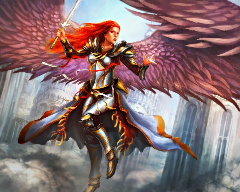 Female Angel Warrior — Red, Dramatic, Digital Art