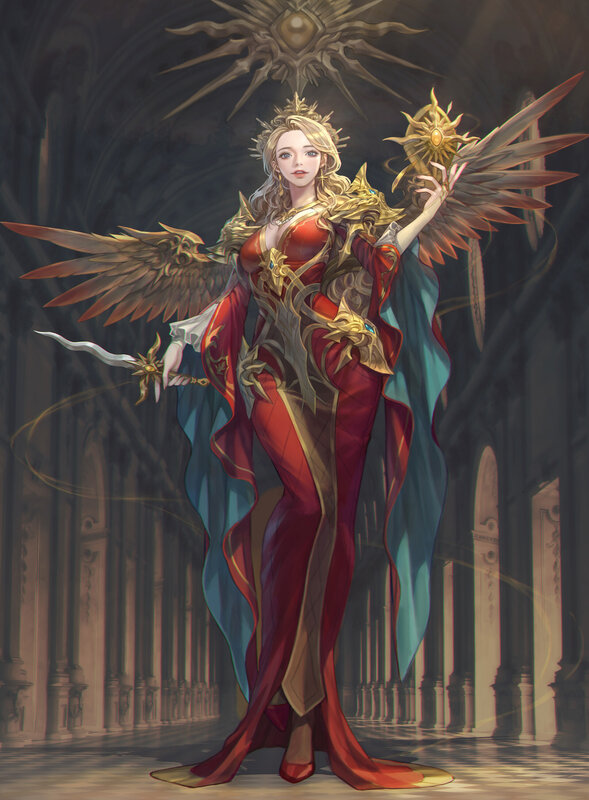 Female Angel Warrior — Red, Dramatic, Digital Art, Wings, Sword