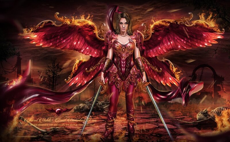 Female Angel Warrior — Red, Dramatic, Night