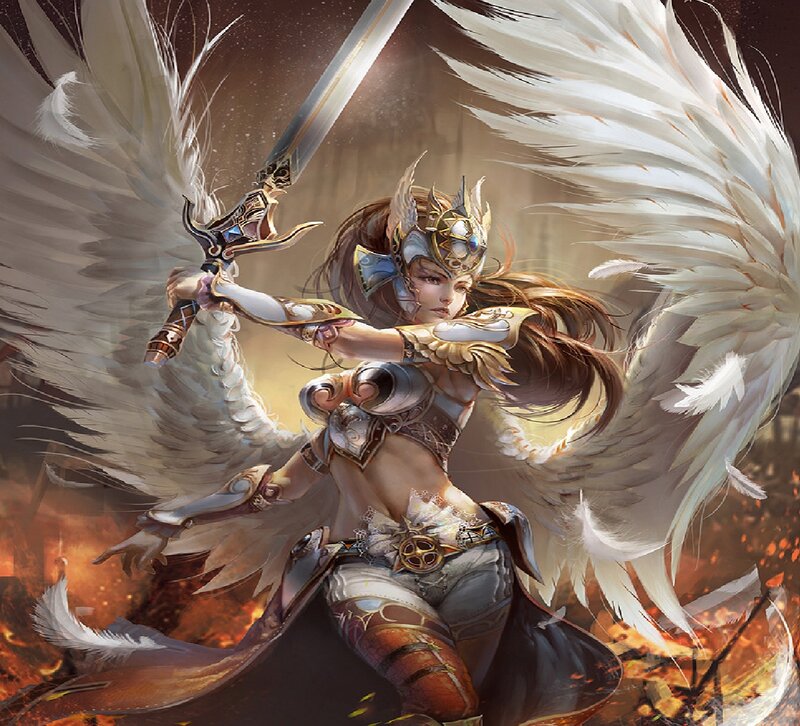 Female Angel Warrior — White, Dramatic, Digital Art, Sword