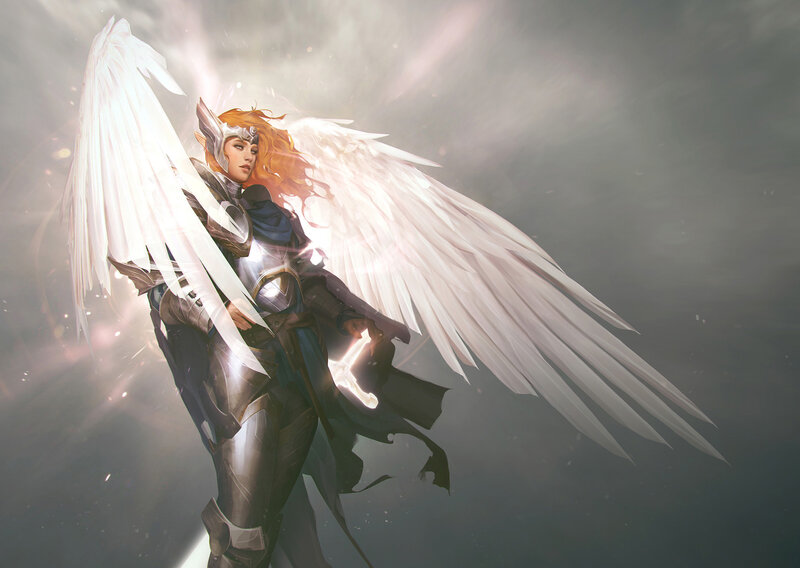 Female Angel Warrior — White, Dramatic, Digital Art, Wings, Armor