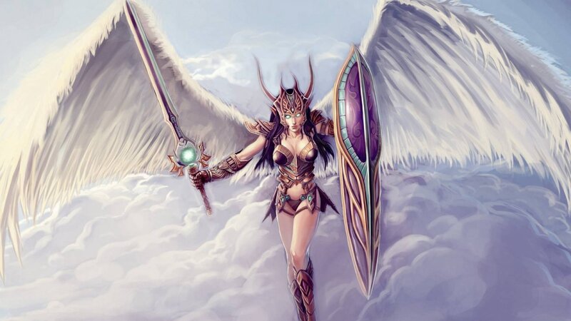 Female Angel Warrior — White, Dramatic, Digital Art, Wings, Sword, Shield