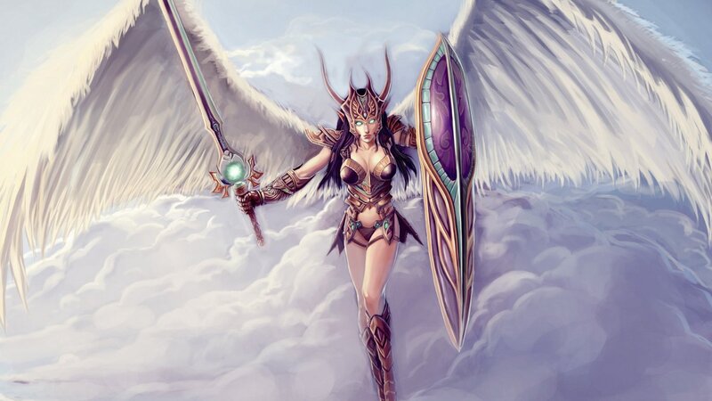 Female Angel Warrior — White, Dramatic, Digital Art, Wings, Sword