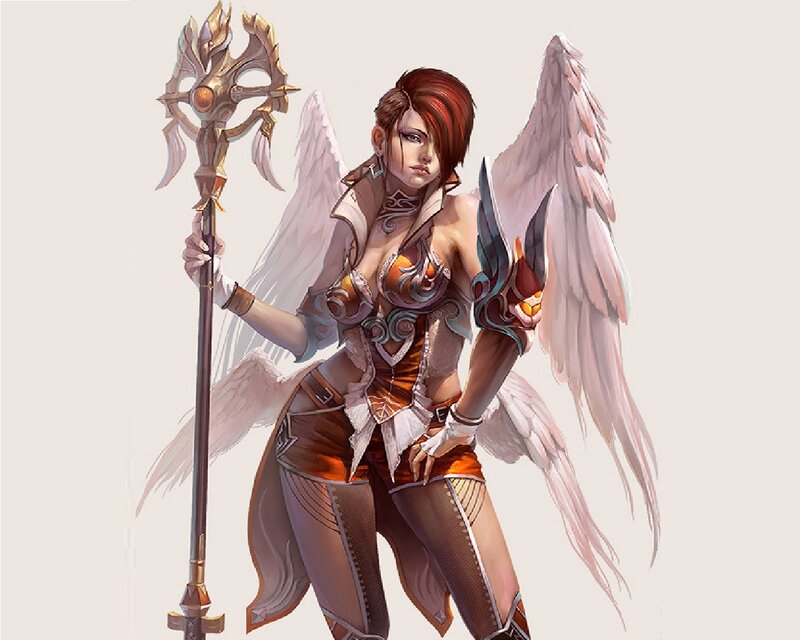 Female Angel Warrior — White, Dramatic, Digital Art, Wings