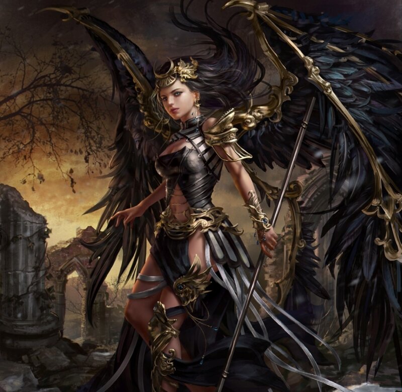 Female Angel with Black Wings — Dramatic, Sunset, Digital Art