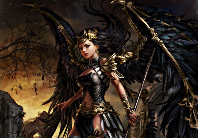 Female Angel with Black Wings — Dramatic, Sunset