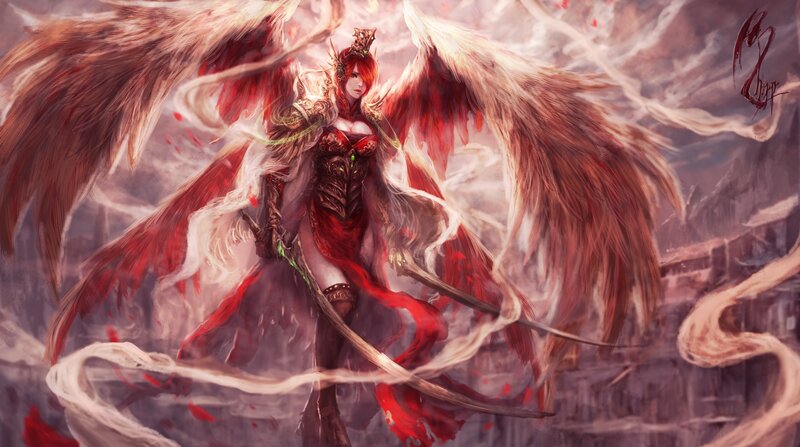 Female Angel with Red Wings — Dramatic