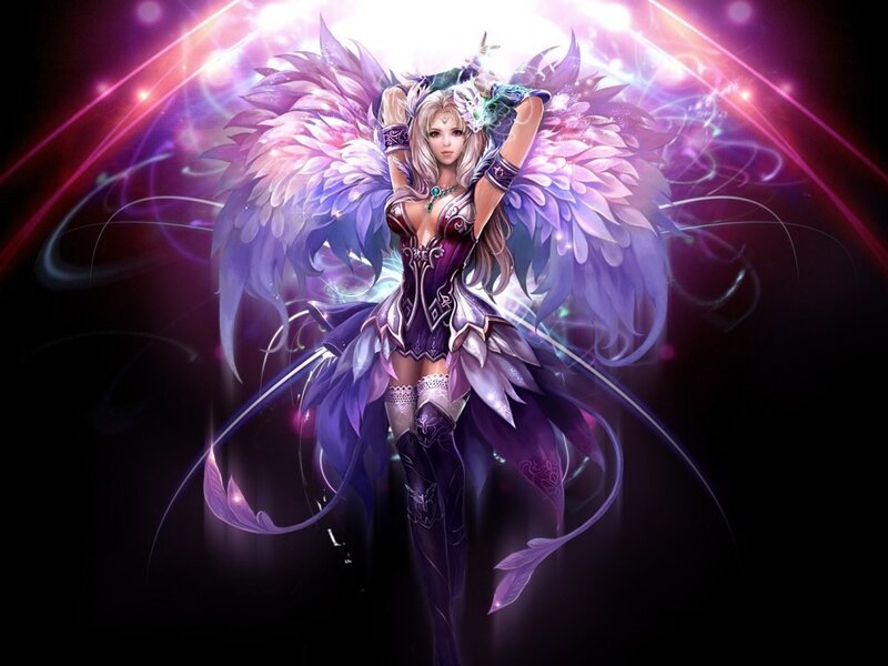Female Angel with Wings — Purple, Dramatic, Digital Art, Armor