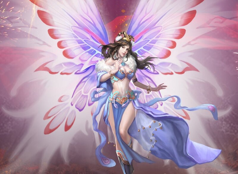 Female Angel with Wings — Purple, Dramatic, Digital Art, Dress