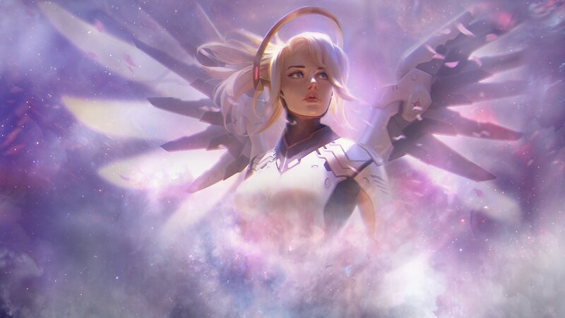 Female Angel with Wings — Purple, Dramatic, Digital Art, Halo