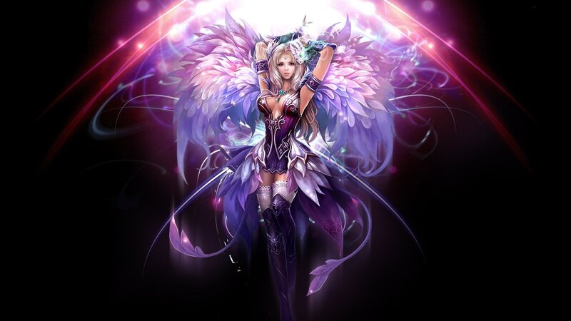 Female Angel with Wings — Purple, Dramatic, Digital Art, Light Effects