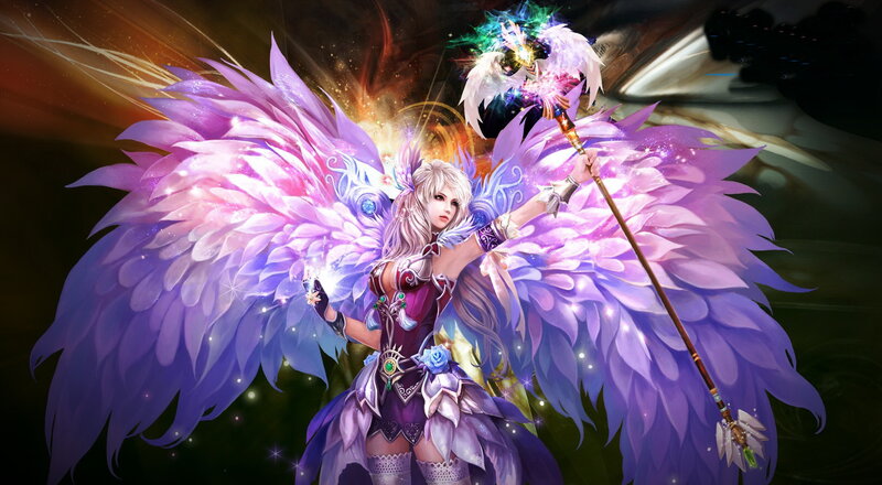 Female Angel with Wings — Purple, Dramatic, Digital Art, Staff, Magic