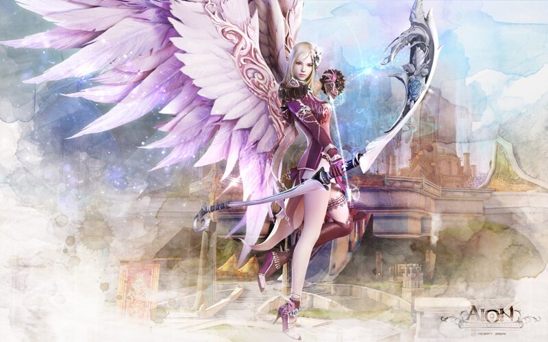 Female Angel with Wings — Purple, Dramatic, Digital Art, Sword, Castle