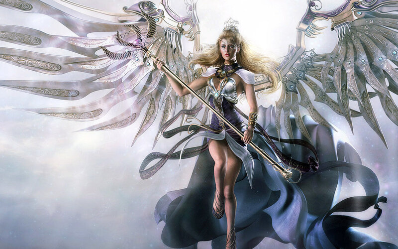 Female Angel with Wings — White, Dramatic, Digital Art, Staff, Armor