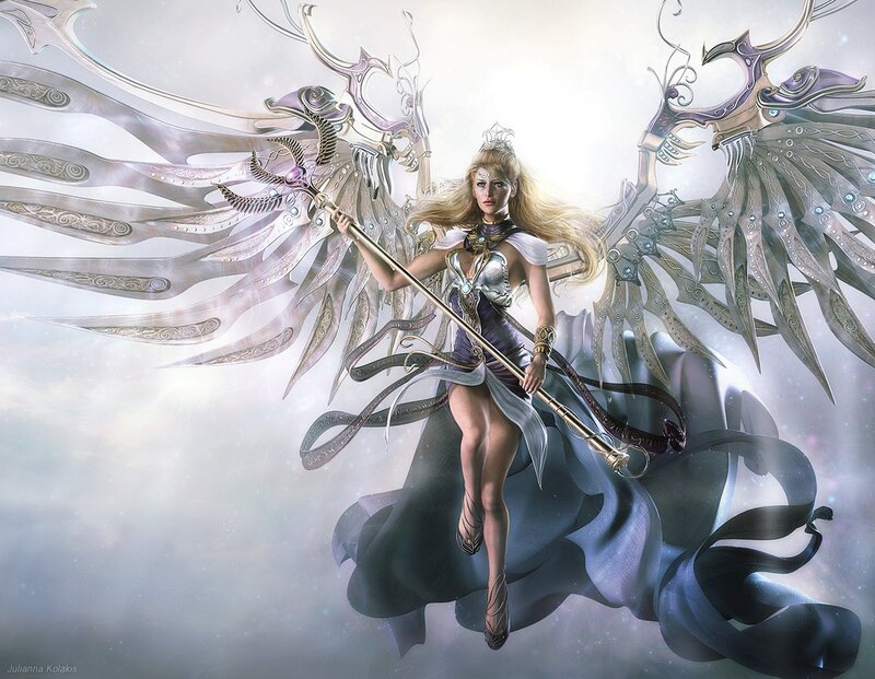 Female Angel with Wings — White, Dramatic, Digital Art, Staff