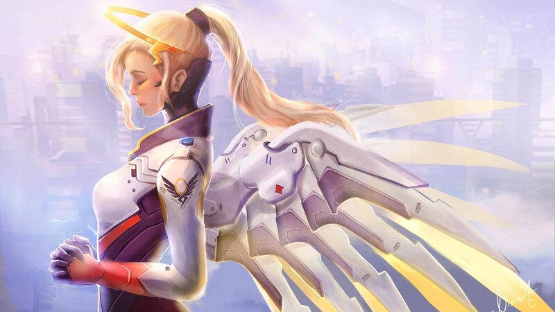 Female Angel with Wings — White, Serene, Digital Art, Cityscape