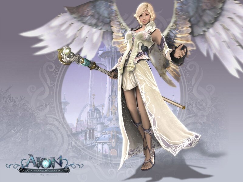 Female Angel with Wings — White, Serene, Digital Art, Staff, Castle