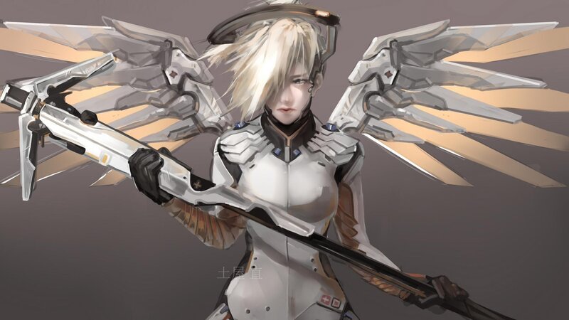 Female Angelic Warrior — White, Dramatic, Digital Art, Wings, Weapon, Armor
