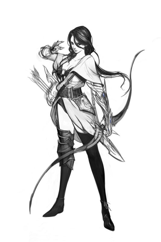 Female Archer Character — Black, Dramatic, Digital Art, Bow