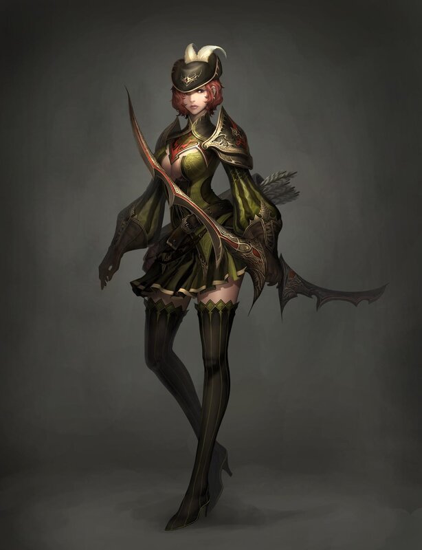 Female Archer Character — Green, Dramatic, Digital Art, Bow, Hat