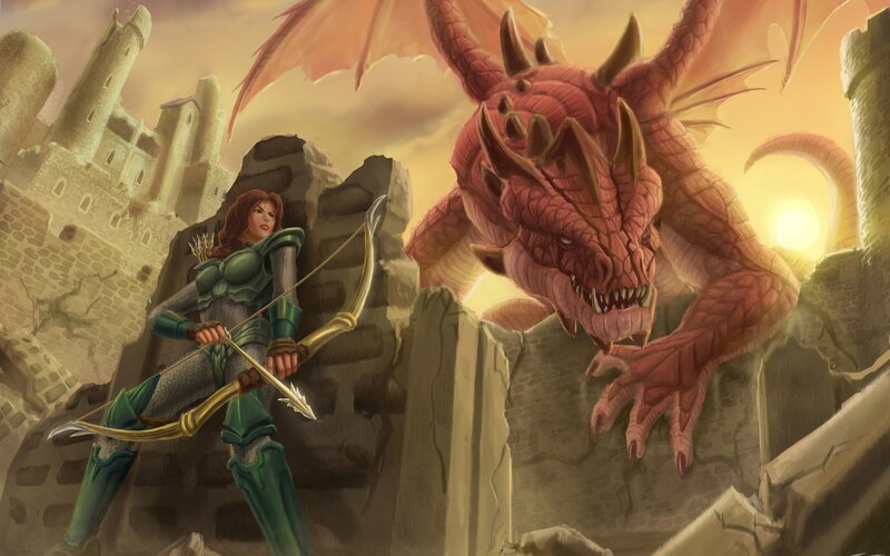 Female Archer Facing Dragon