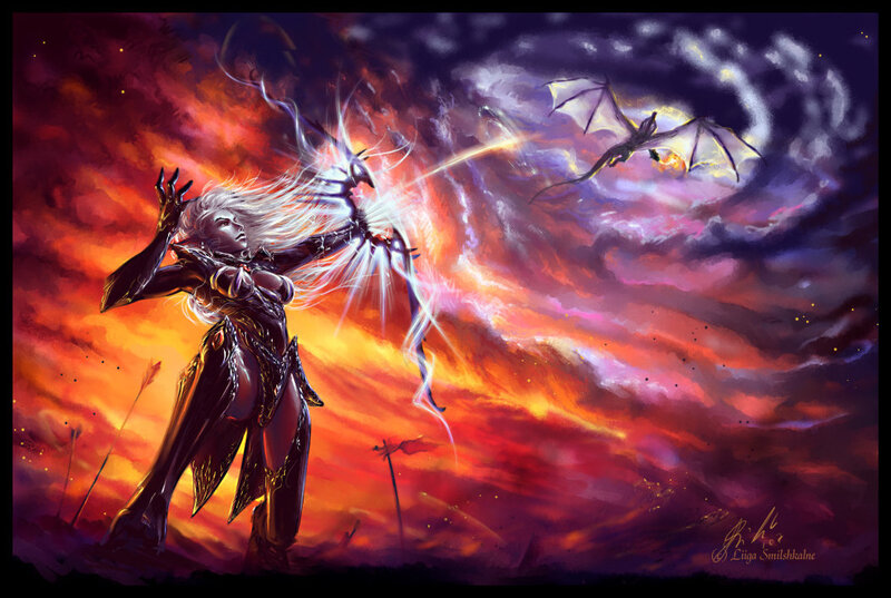 Female Archer Fighting Dragon