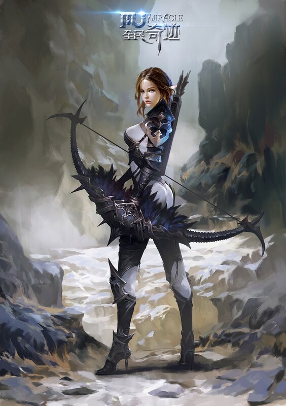 Female Archer in Armor — Black, Dramatic, Digital Art