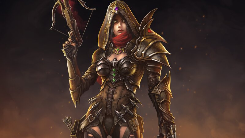 Female Archer in Armor — Brown, Dramatic, Digital Art, Bow