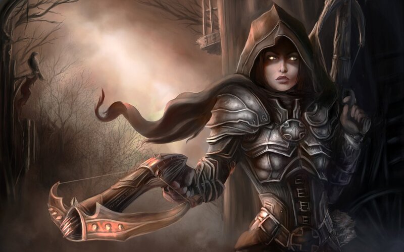 Female Archer in Armor — Brown, Dramatic, Night, Digital Art, Bow, Hooded Cloak