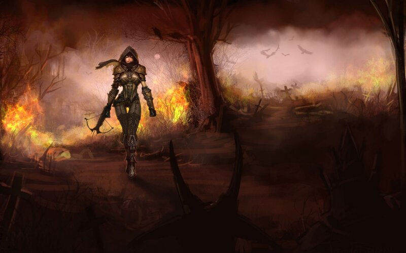 Female Archer in Armor — Brown, Dramatic, Night, Digital Art, Fire