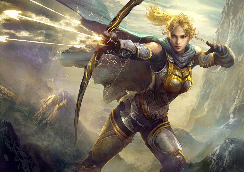 Female Archer in Armor — Gold, Dramatic, Digital Art