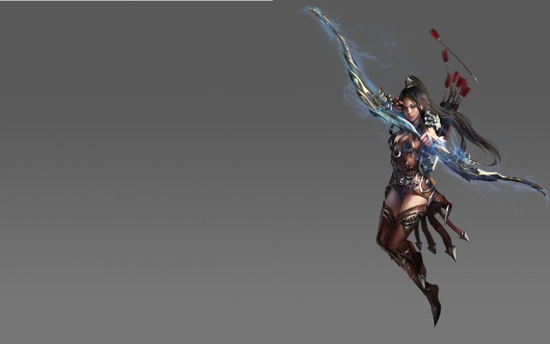 Female Archer in Armor — Gray, Dramatic, Digital Art, Bow