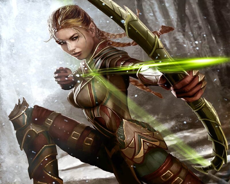 Female Archer in Armor — Green, Dramatic, Winter, Digital Art