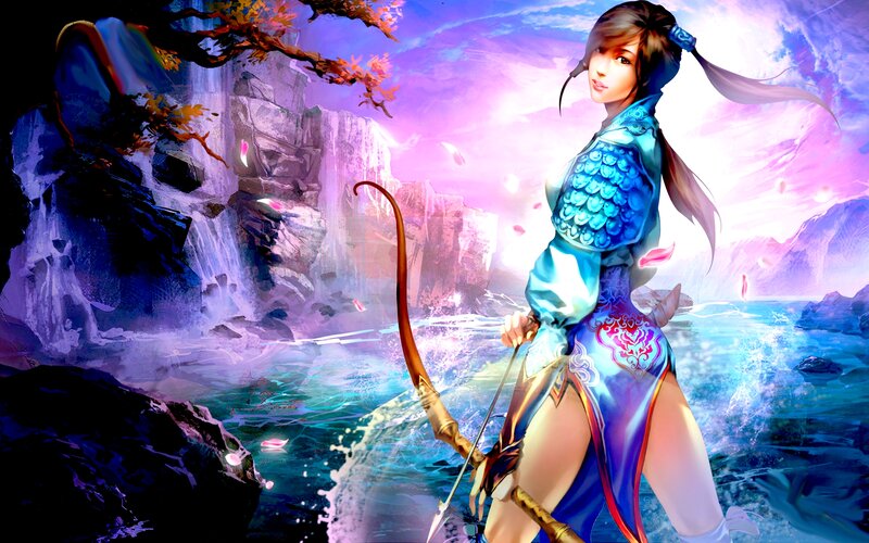 Female Archer in Blue Armor — Dramatic, Sunset