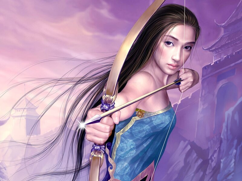 female archer in blue dress