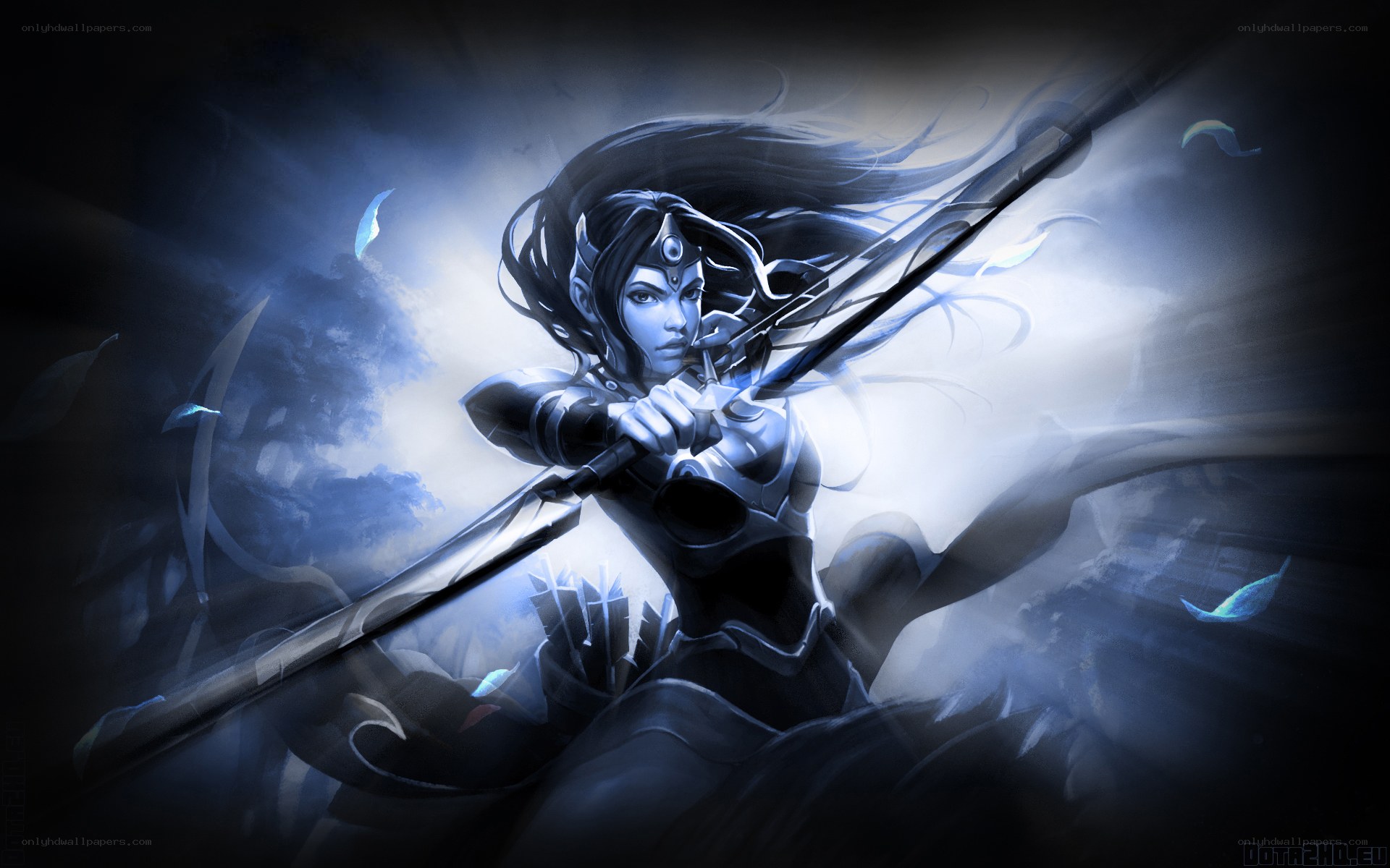 female archer in blue light