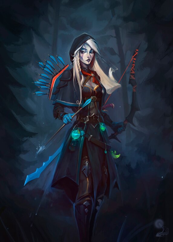 Female Archer in Dark Forest — Dark Blue