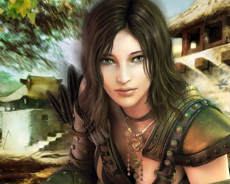 female archer in fantasy village