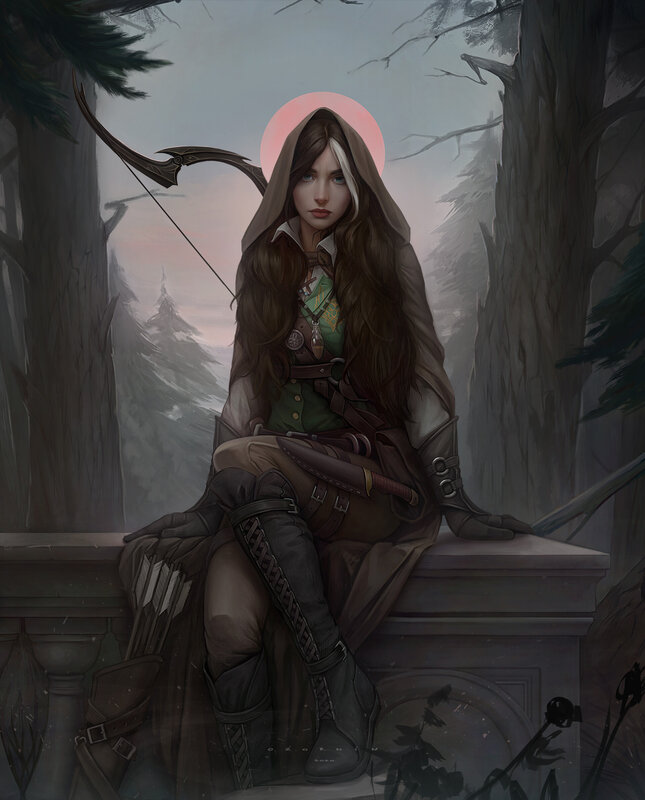 Female Archer in Forest — Brown, Dramatic, Sunset