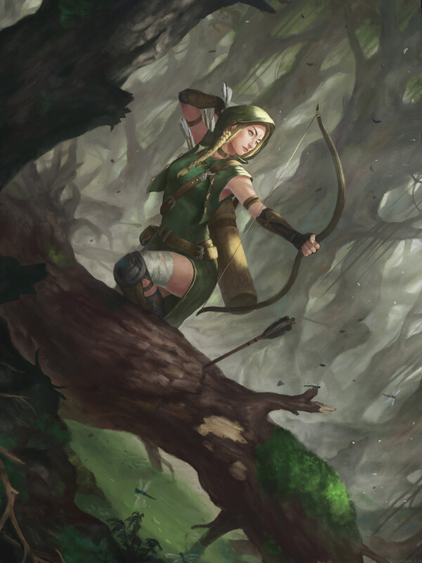 Female Archer in Forest — Green, Dramatic, Afternoon, Digital Art, Bow and Arrow
