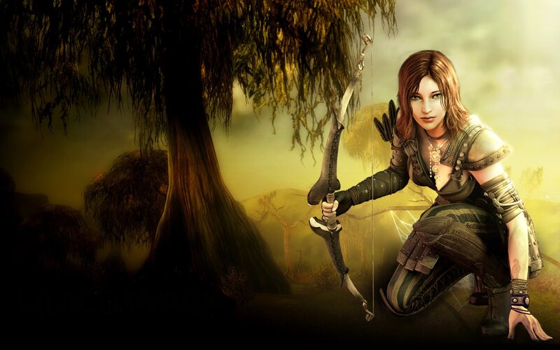 Female Archer in Forest — Green, Dramatic, Afternoon, Digital Art, Bow