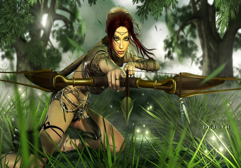 Female Archer in Forest — Green, Dramatic, Afternoon, Digital Art