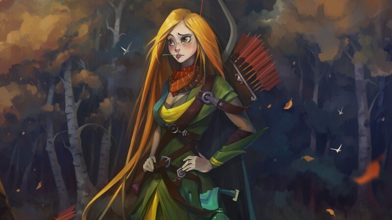 Female Archer in Forest — Green, Dramatic, Autumn, Digital Art, Arrows, Birds