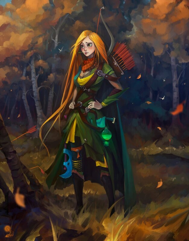 Female Archer in Forest — Green, Dramatic, Autumn, Digital Art, Arrows
