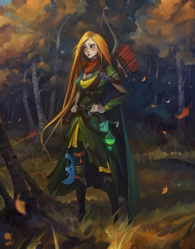 Female Archer in Forest — Green, Dramatic, Autumn, Digital Art