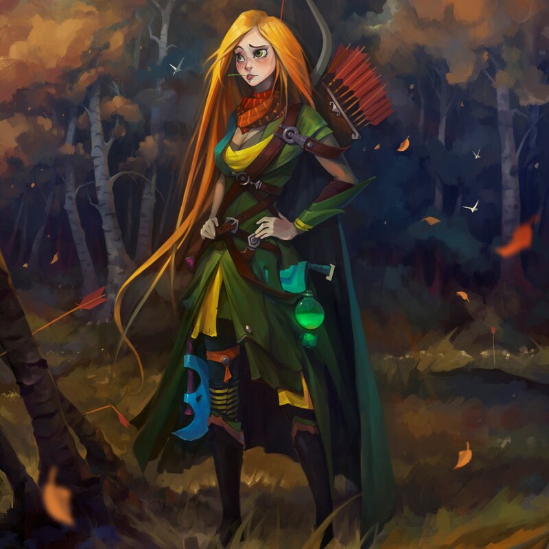 Female Archer in Forest — Green, Dramatic, Autumn