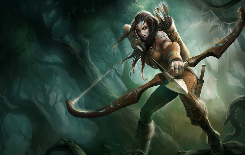Female Archer in Forest — Green, Dramatic, Digital Art, Bow, Arrow, Quiver