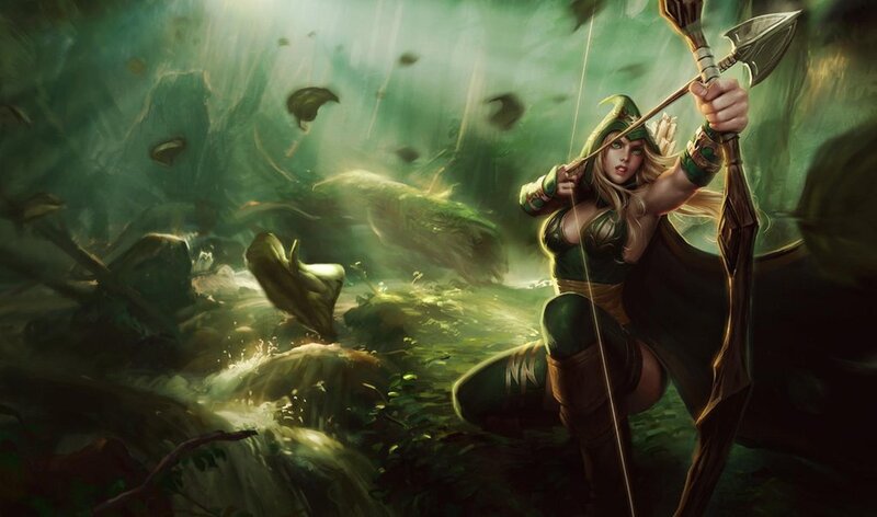 Female Archer in Forest — Green, Dramatic, Digital Art, Bow, Arrow