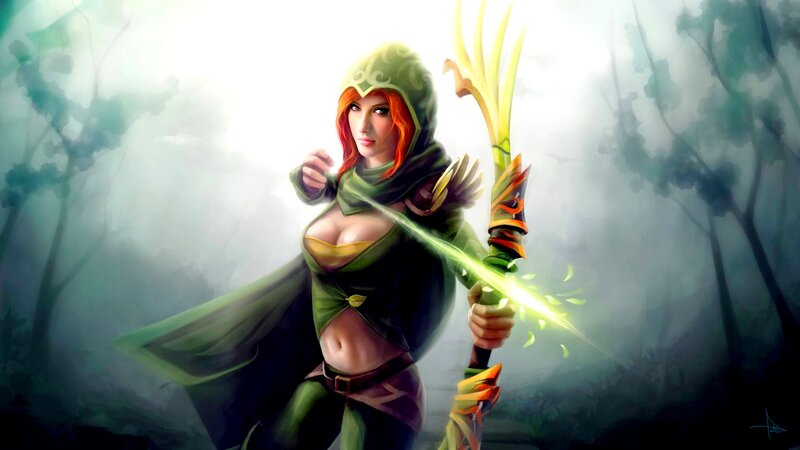 Female Archer in Forest — Green, Dramatic, Digital Art, Bow, Magic