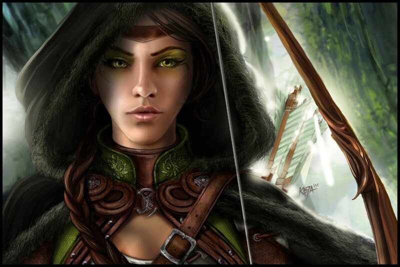 Female Archer in Forest — Green, Dramatic, Digital Art, Bow, Quiver